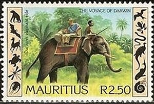 Colnect-1513-210-Darwin-riding-on-an-Asian-Elephant-Elephas-maximus.jpg