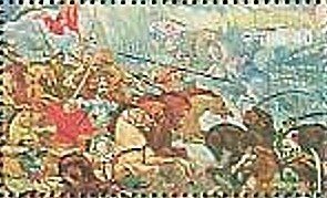 Colnect-1533-583-Scene-of-warriors-in-battle-painted-by-Naxhi-Bakalli.jpg