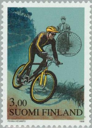 Colnect-160-485-Cyclist-going-downhill--amp--woman-with-penny-farthing-bicycle.jpg