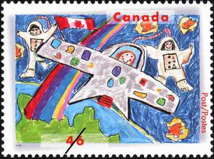 Colnect-583-252-Astronauts-in-Space-a-Rainbow-and-a-Canadian-Flag.jpg