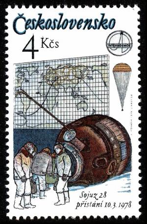 Colnect-4004-357-Soyuz-28-crew-after-landing-and-trajectory-map.jpg