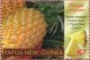 Colnect-2946-488-Two-pineapples-in-dish-and-growing-pineapples-at-right.jpg