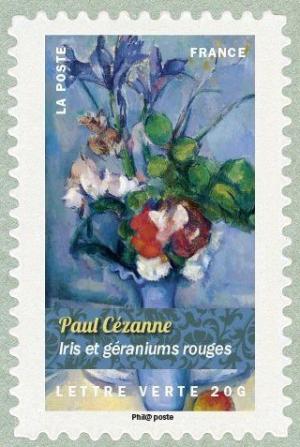 Colnect-2675-071-Paul-C%C3%A9zanne-Iris-and-red-geraniums.jpg