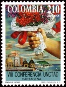 Colnect-2778-008-Hand-with-Bouquet-View-of-the-port-city-of-Cartagena.jpg