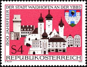 Colnect-5379-455-Townscape-of-Waidhofen--amp--coat-of-arms.jpg