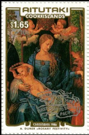 Colnect-3462-228-Madonna-of-the-Rosary-1506-by-Albrecht-D%C3%BCrer-surcharged.jpg