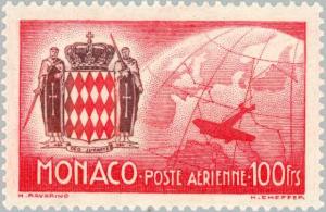 Colnect-147-366-Coat-of-arms-of-Monaco-airplane-over-globe-with-map-of-Euro.jpg