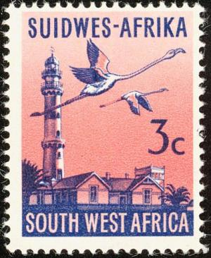 Colnect-1507-447-Swakopmund-Lighthouse-Lesser-Flamingo-Phoeniconaias-minor.jpg