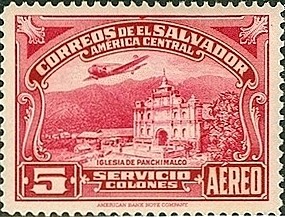 Colnect-1720-285-Plane-over-the-Church-of-Panchimalco.jpg