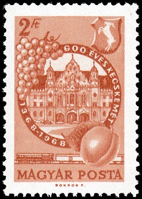 Colnect-887-136-600th-Ann-of-Kecskem%C3%A9t-city-city-hall-coat-of-arms-fruit.jpg