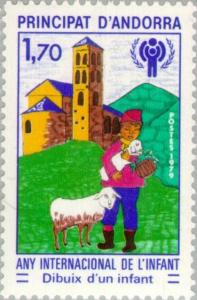 Colnect-141-962-Child-with-lamb-in-front-of-St-Joan-de-Caselles.jpg