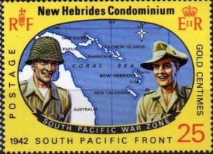 Colnect-1303-924-US-and-Australian-Soldiers-before-the-Coral-Sea-Map.jpg