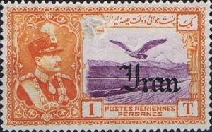 Colnect-1741-832-Rez%C4%81-Sh%C4%81h-Pahlavi-eagle-in-front-of-Alborz-mountains.jpg